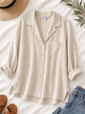 Garfield & Marks Cream Textured Button Down Blouse Size Large Neutral Minimalist